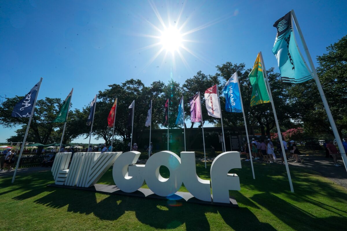 Jun 28, 2025; Carrollton, Texas, USA; The LIV Golf logo and team flags near the tenth tee during the second round of the LIV Golf Dallas golf tournament at Maridoe Golf Club. Mandatory Credit: Raymond Carlin III-Imagn Images
