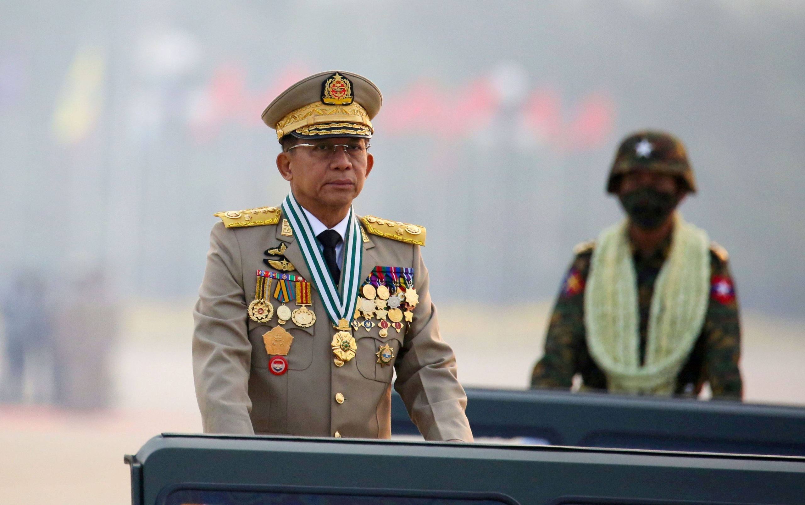 FILE PHOTO: Myanmar's military ruler Min Aung Hlaing presides over an army parade on Armed Forces Day in Naypyitaw, Myanmar, March 27, 2021. REUTERS/Stringer//File Photo