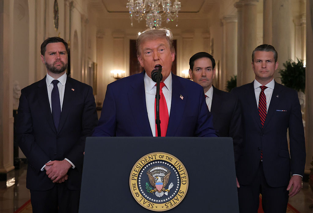 WASHINGTON, DC - JUNE 21: U.S. President Donald Trump delivers an address to the nation accompanied by U.S. Vice President JD Vance, U.S. Secretary of State Marco Rubio and U.S. Defense Secretary Pete Hegseth from the White House on June 21, 2025 in Washington, D.C. President Trump addressed the three Iranian nuclear facilities that were struck by the U.S. military early Sunday. (Photo by Carlos Barria - Pool/Getty Images)