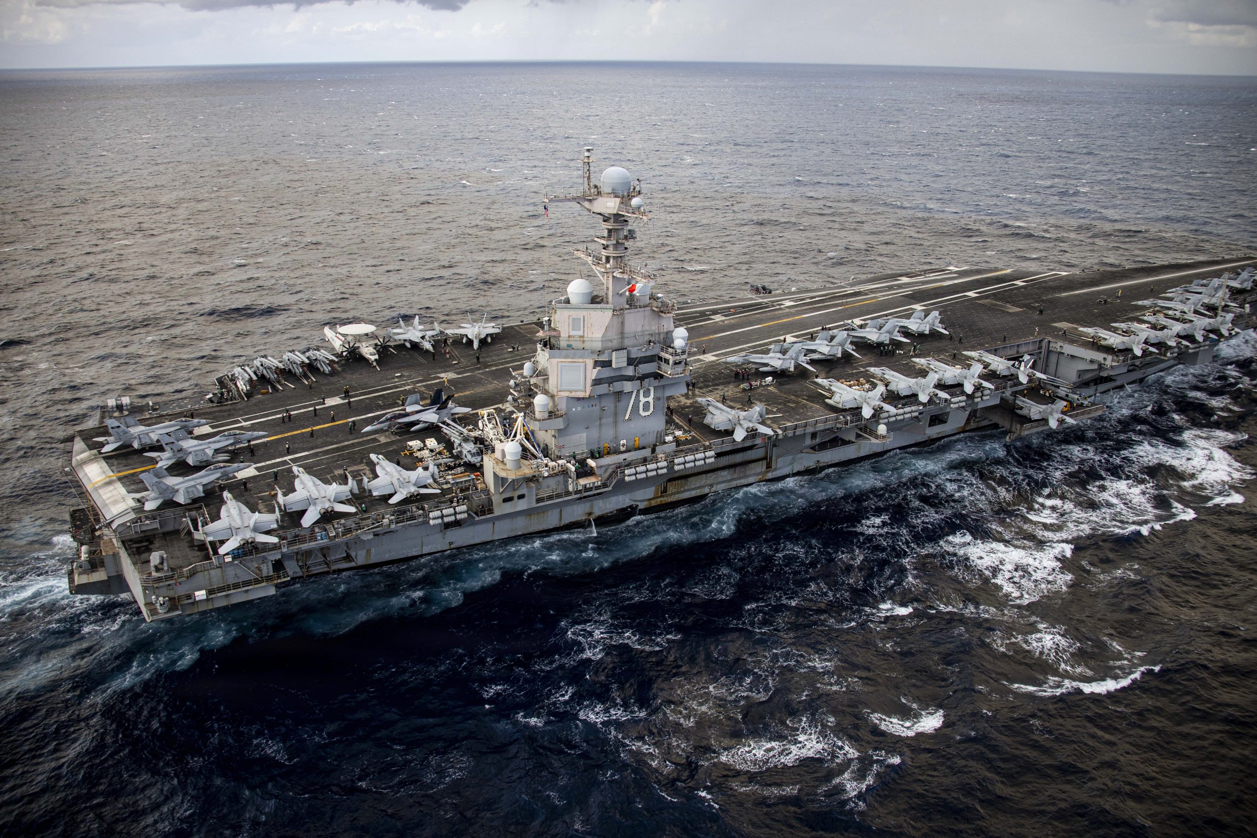 The world’s largest aircraft carrier, USS Gerald R. Ford (CVN 78), transits the Eastern Mediterranean Sea, March 22, 2026. Gerald R. Ford is on a scheduled deployment in the U.S. 6th Fleet area of operations to support the warfighting effectiveness, lethality and readiness of U.S. Naval Forces Europe Africa, and defend U.S., Allied and partner interests in the region. (U.S. Navy photo by Mass Communication Specialist 2nd Class Tajh Payne)