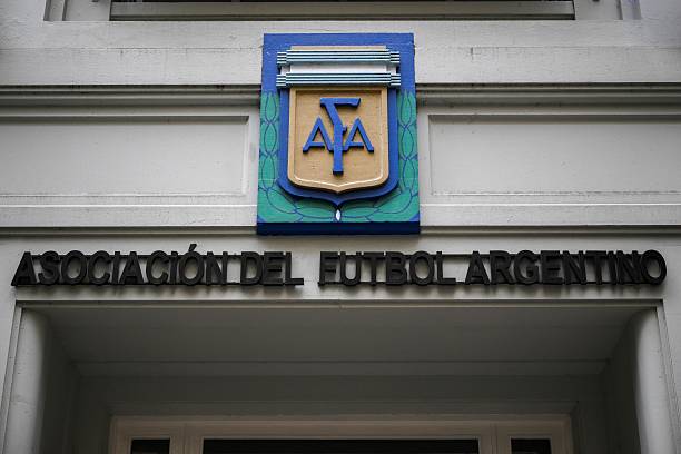 This image shows the logo of Argentine Football Association (AFA), at the headquarters entrance in Buenos Aires on March 6, 2026. (Photo by Luis ROBAYO / AFP via Getty Images)